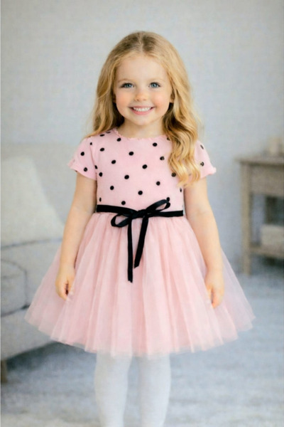 NOBLEKIDS Girl's Short Sleeve Polka Dot Tulle Skirt Dress Pink