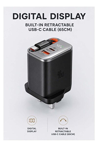 Mcdodo 40W GaN Fast Charger with Built-in 65cm USB-C Cable, UK Plug, Digital ...