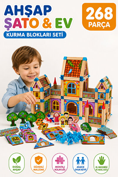 TUENGİ STORE 268 Parça Ahşap Şato Ve Ev Yapım Seti Eğitici Montessori Ahşap Y...