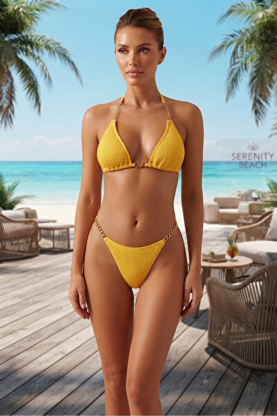 Maser Yellow Gold Chain Detailed Triangle Bikini Set Textured Luxury Beach Sw...