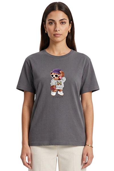DK DAKSEL Tricou cu imprimeu Lovely Teddy Bear, gri închis, pentru femei, 100...