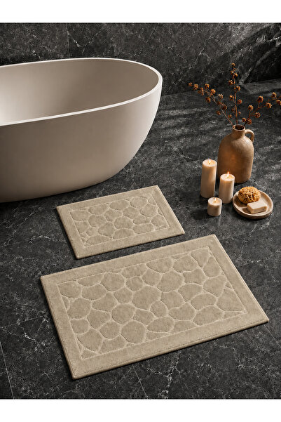 Taş %100 Pamuk 2'li Banyo Paspası, Yıkanabilir Su Emici Klozet Takımı - 60x100 + 50x60 cm