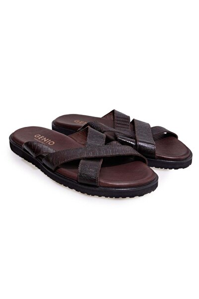 FRANCO CALVANI Brown Genuine Leather Men's Slippers
