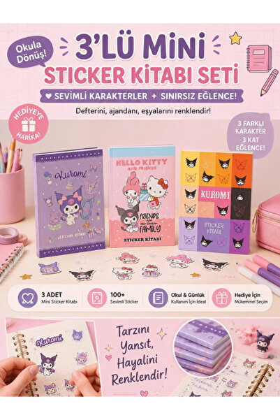 GiFi 3'lü Mini Sticker Kitabı Seti Kuromi Hello Kitty My Melody Sevimli Çıkar...