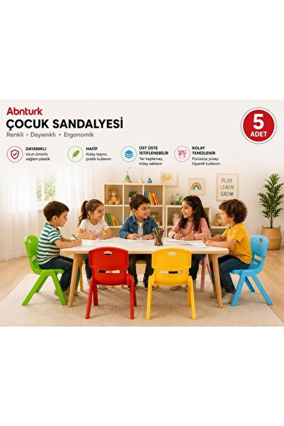 abnturk 5 Adet Kırılmaz Sert Plastik Çocuk Sandalyesi-Ev Kreş Anaokulu Aktivi...