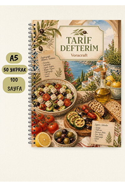 VORACRAFT Yemek Tarif Defteri, Yaz Tarzı 50 Yaprak /100 Sayfa, A5 / Tel Spira...