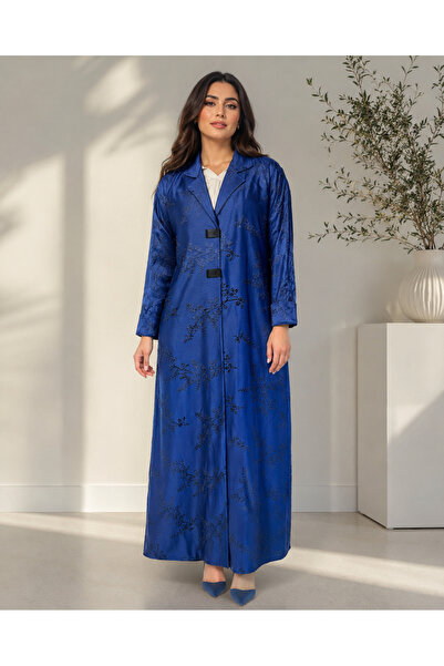 KAVALEE Women’s Royal Blue Floral Jacquard Full-Length Abaya Coat with Lapel ...
