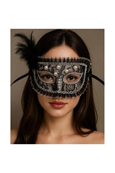 pınaxar Black Color Side Feathered Pearl Embroidered Stone Lace Party Mask 17...