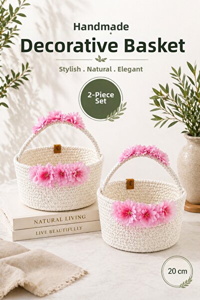 naturelove Σετ 2 τεμαχίων - Χειροποίητο ψάθινο καλάθι με λουλούδια Διακοσμητι...