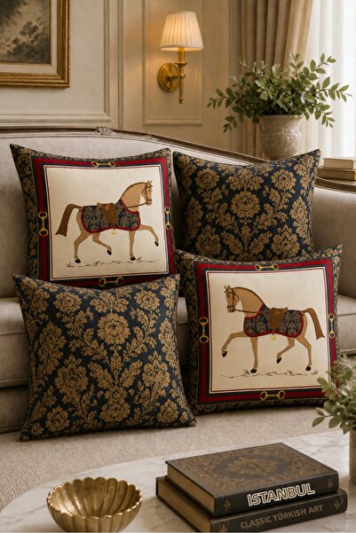 HOMESSA Gold Damask Horse Figured Throw Pillow Cover Set of 4