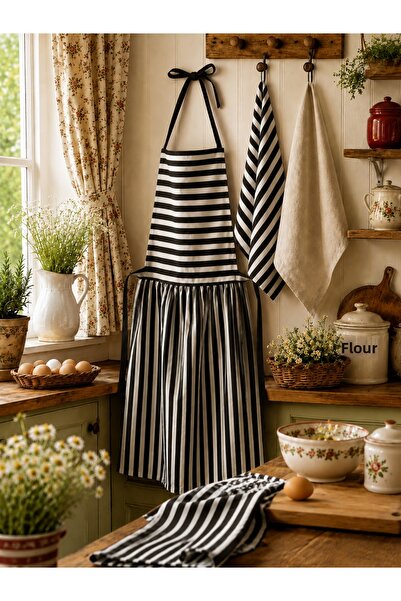 Sister Home Design Linen Kitchen Apron Set Light Green Striped |   55X70 cm A...