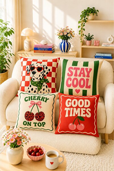AYSHOME Set de 4 huse de pernă roșii cu model maximalist Ays Home