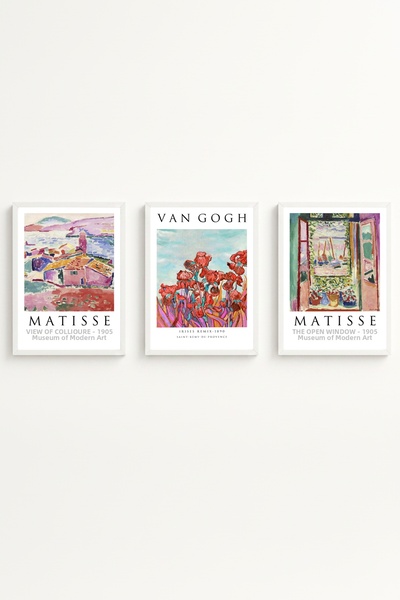 huhuli Set de 3 tablouri cu ramă din lemn alb |   Van Gogh și Matisse Huhu268