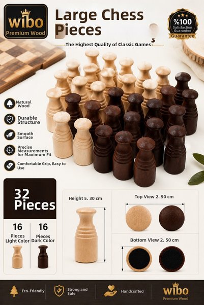 Wibo Large Size Wooden Checkers Pieces 32 Pieces Premium Checkers Pieces 5.3 cm