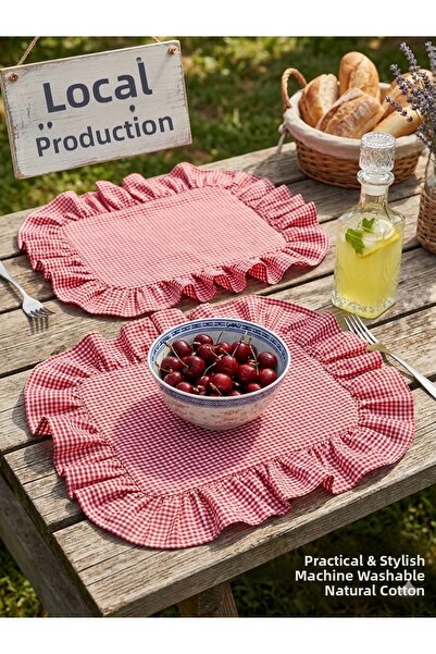Homerest 2-Piece Picnic Presentation Set Red and White Gingham Ruffled Cotton...