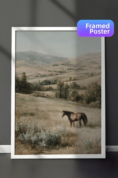 Zestia Pictură de perete vintage, cal negru în valea verde, cu ramă albă Nr.:...