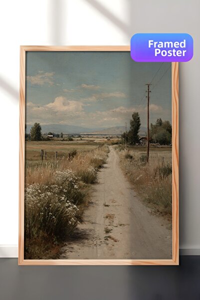 Zestia Pictură murală vintage, peisaj de vară pe drumul rural, înrămată în le...