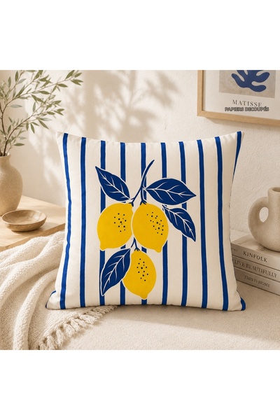 stellahomes Mediterranean Themed Set of 5 Decorative Throw Pillow Covers with Blue and White Striped Runner and Lemon Seashell Pattern