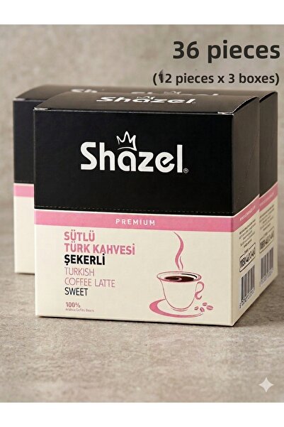 Shazel Instant Turkish Coffee with Milk and Sugar - 22 Gr (12 Pieces X 3 Boxe...