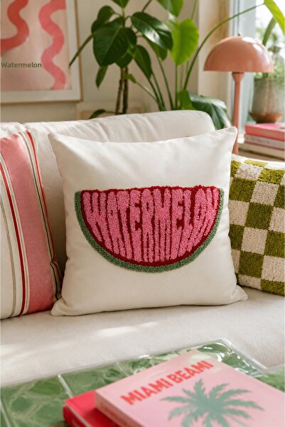 Pilloveland Punch Embroidered Throw Pillow Cover - 43*43 cm - Watermelon - Pn...