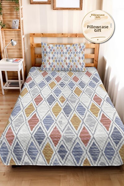Evimde Bambaşka Geometric Blue Young Room Single Pique Set-Pastel Gray Mustar...