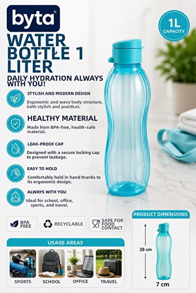 BYTA 1 Liter Leak-Proof Water Bottle Flask Bpa-Free Ergonomic Design Sports S...