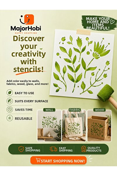 Major Hobi Flower and Leaf Pattern Stencil Template Fabric Wood Wall Painting...