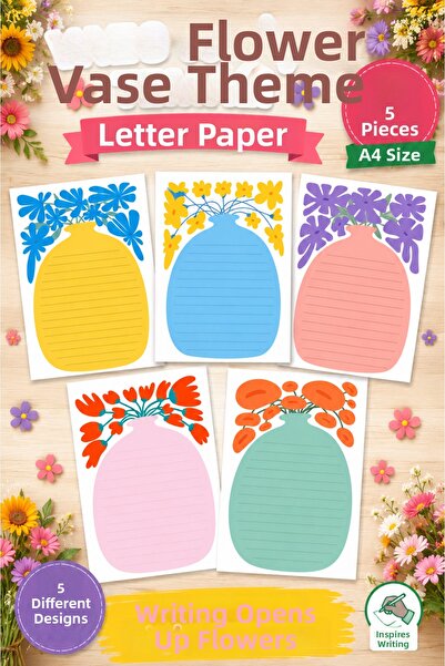 Organik Yolda Vase and Flower Themed Letter Paper Set 5 Pieces A4 |   Colorfu...