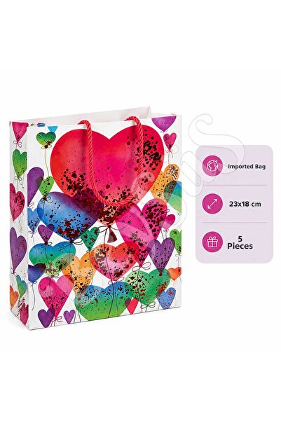 BeySüS 23X18 cm Imported Heart Themed Gift Paper Bag 5 Pieces