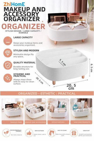 ZHLHOME 4-Compartment Standing Makeup and Jewelry Organizer with Aesthetic Design White