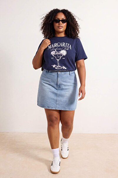 Trendyol Curve Navy Blue Fun Cocktail Printed Boyfriend Fit Plus Size T-Shirt...
