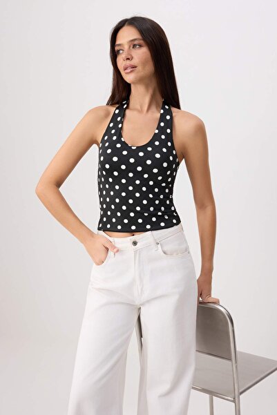 Trendyol Collection Black Polka Dot Fitted Halter Neck Sleeveless Crop/Short ...
