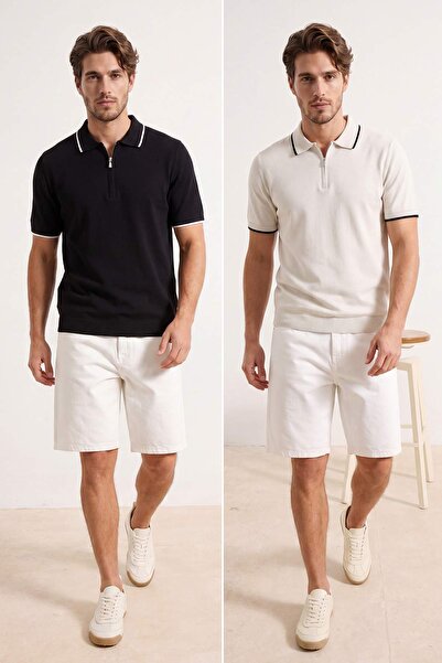 Trendyolmilla Man Siyah-Ekru 2'li Paket Regular Kesim Yaka ve Kol Çizgili Triko Polo Yaka T-shirt TMNSS26PO00026