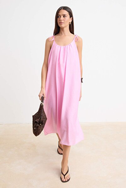 Trendyol Collection Pink Plain Straight Cut Tie Detailed Maxi Woven Dress Two...
