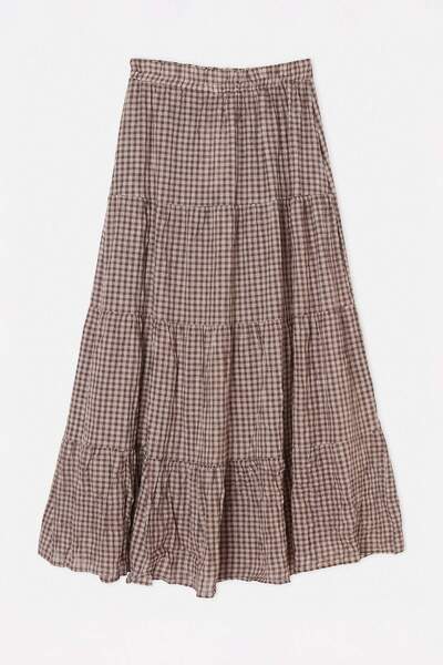 Drop by TrendyolMilla Smeđa duga suknja sa elastičnim strukom i gingham uzork...
