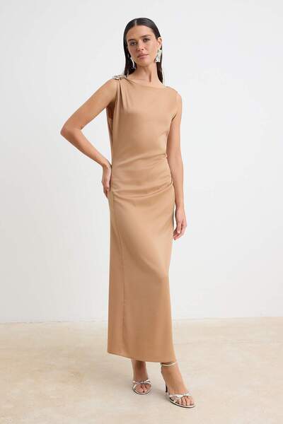 Trendyol Collection Light Brown Plain Woven Satin Maxi Unlined Dress Tprss26E...