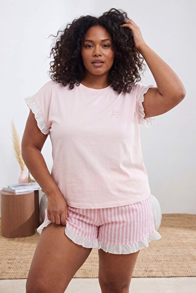 Trendyol Curve Powder Ruffle Detailed Striped Knitted Plus Size Pajama Set Tb...