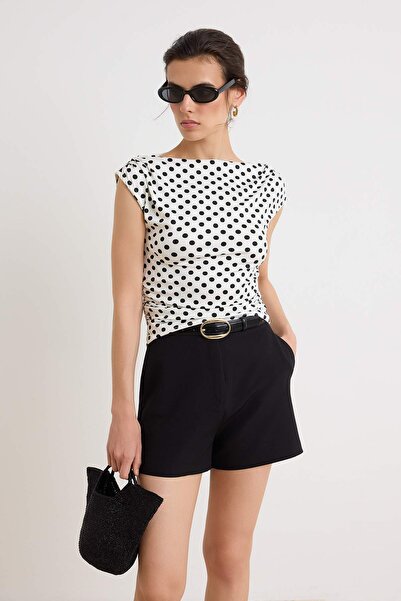 Trendyol Collection Ecru Polka Dot Fitted Boat Neck Sleeveless Gathered Knitt...