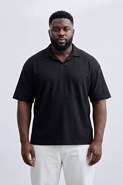 Trendyol Collection Big Size Black Oversized /Wide Cut Textured Polo Collar T...