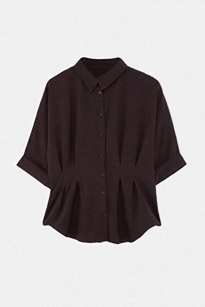 Trendyol Curve Brown Soft Buttoned Waist-Fitted Pleated Plus Size Shirt Tbbss...