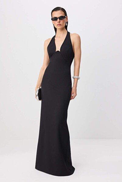 Trendyol Collection فستان سهرة ماكسي أسود منسوج بفتحة صدر عميقة وفستان تخرج T...