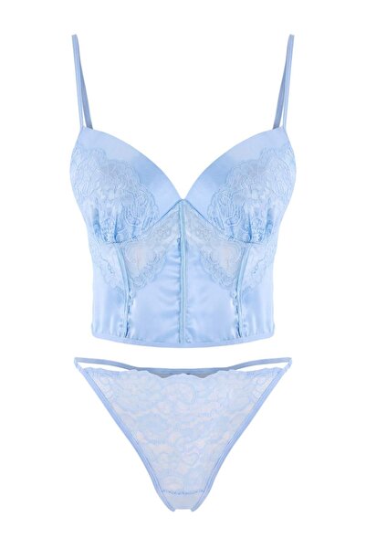 Trendyol Collection Blue Satin Flat Fixed Cup Underwear Set Thmss26Cc00046
