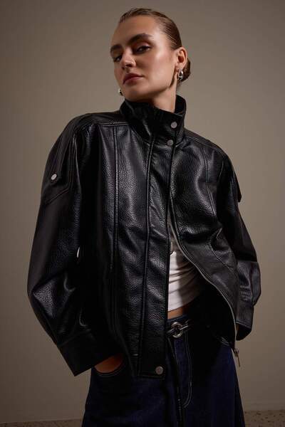 Trendyol Collection Black Oversize Fit Stand Collar Faux Leather Bomber Jacke...