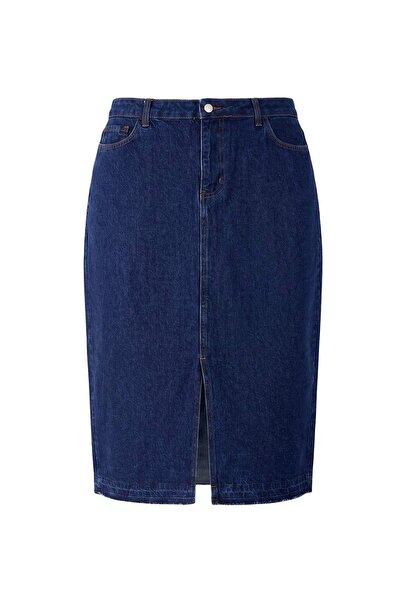 Trendyol Curve Fusta din denim albastră, cu șliț în față, lungime midi, 100% ...