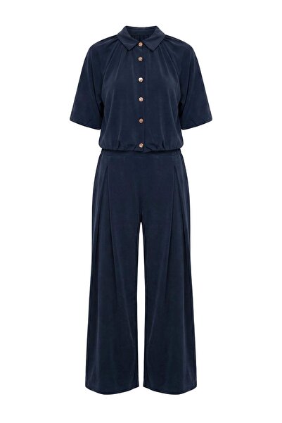 Trendyol Collection Navy Blue Plain Relaxed Polo Collar Buttoned Wide Leg Kni...
