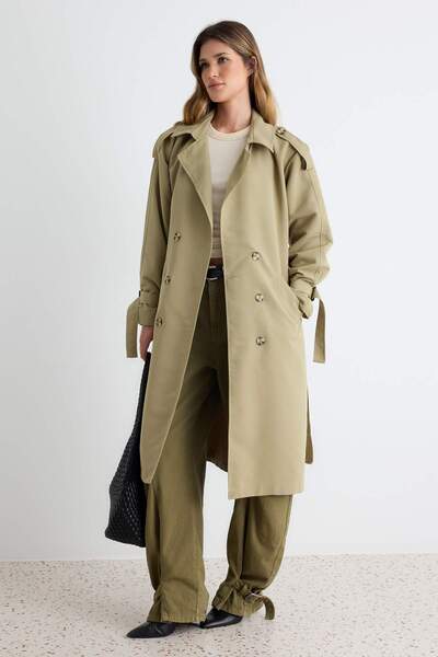 Trendyol Collection Light Khaki Oversized Wide-Cut Belted Water-Repellent Lon...