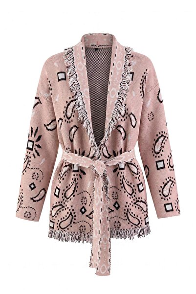 Trendyol Collection Pink Oversized Shawl Collar Ethnic Patterned Belted Knitw...