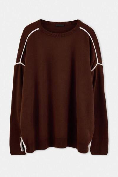 Trendyol Collection Brown Oversize Crew Neck Plain Plus Size Sweater Tmnaw24A...