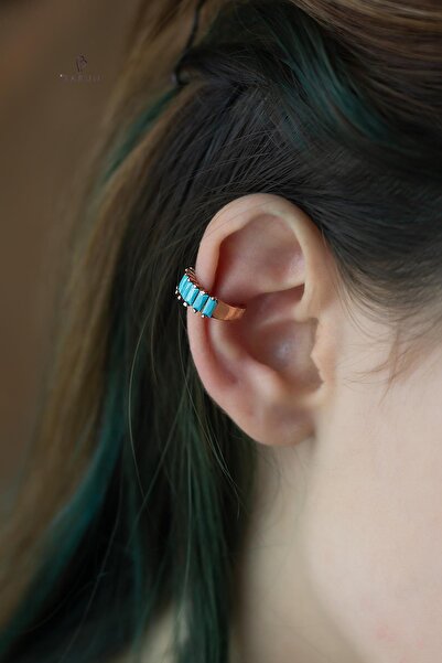 BY BARUN SİLVER Kıkırdak Earcuff Baget Mavi Fruze 925 Ayar Zirkon Taşlı Rose ...