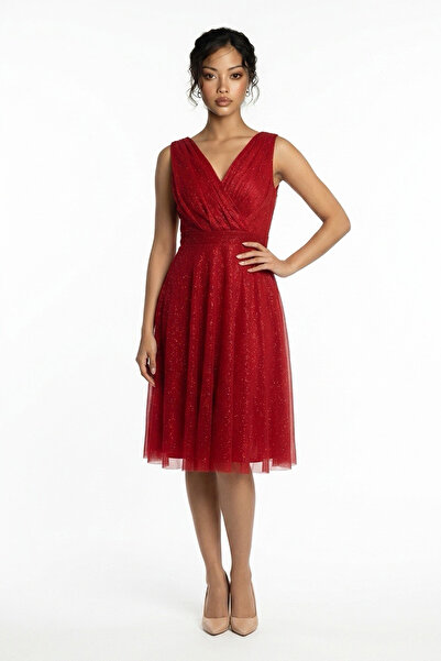 By Saygı Γυναικείο κοντό φόρεμα με διπλό γιακά με επένδυση με ασημί λάμψη